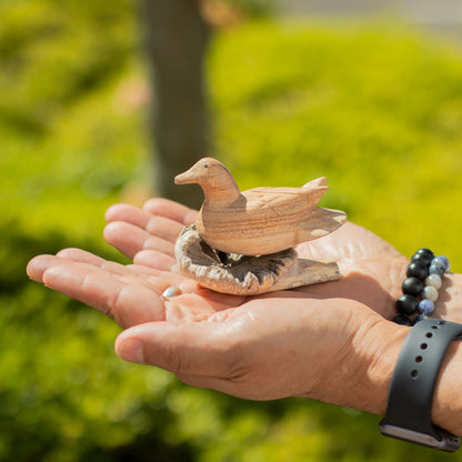 Hand-Carved Duck on Parasite Wood Base Decor Sculpture