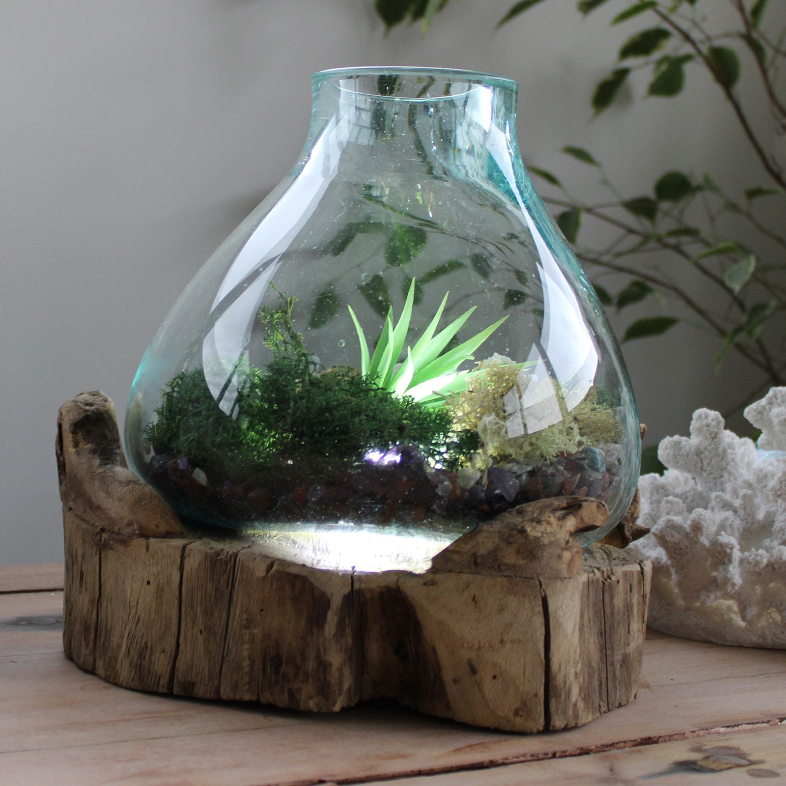 Molten Glass Fish Bowl On Wood Stand – 3.7 L Display Tank