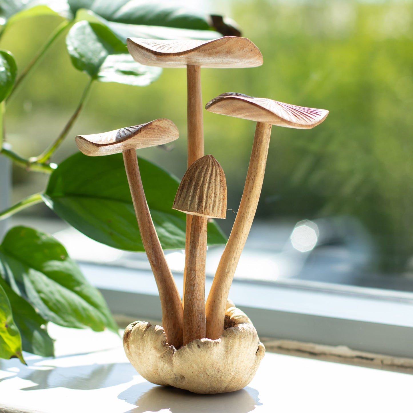 Hand-Carved Parasite Wood Mushroom Sculpture Set