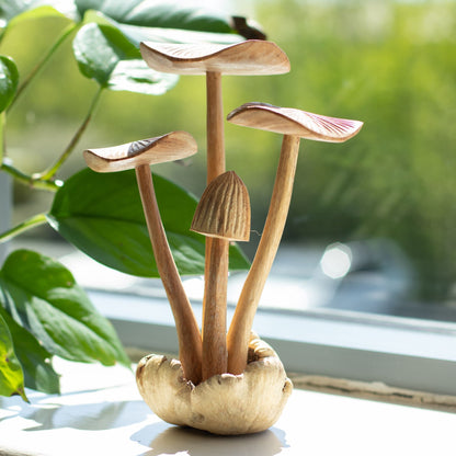 Hand-Carved Parasite Wood Mushroom Sculpture Set