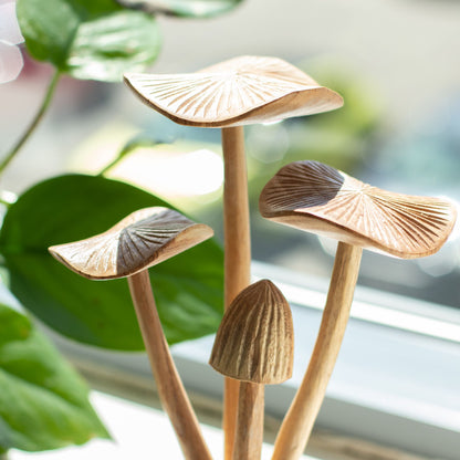 Hand-Carved Parasite Wood Mushroom Sculpture Set