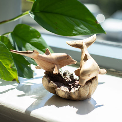Hand-Carved Parasite Wood Dolphin Sculpture Decor