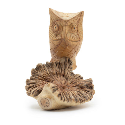 Hand-Carved Owl Sculpture on Natural Parasite Wood Base