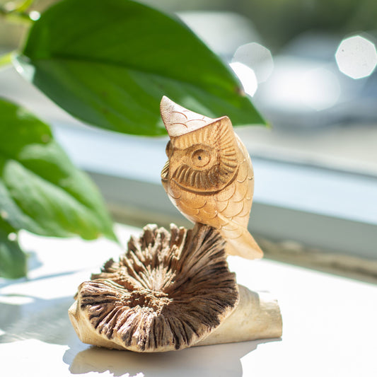 Hand-Carved Owl Sculpture on Natural Parasite Wood Base