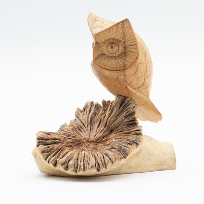 Hand-Carved Owl Sculpture on Natural Parasite Wood Base