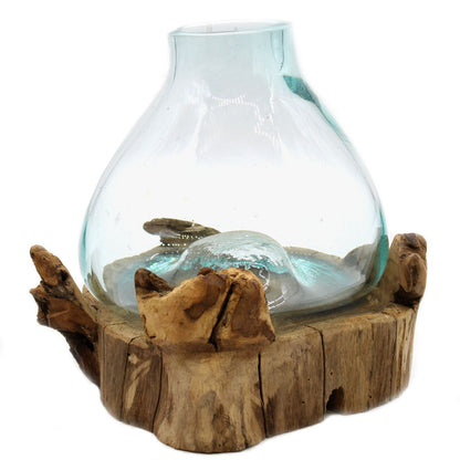 Molten Glass Fish Bowl On Wood Stand – 3.7 L Display Tank