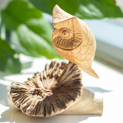 Hand-Carved Owl Sculpture on Natural Parasite Wood Base