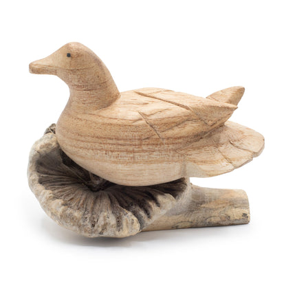 Hand-Carved Duck on Parasite Wood Base Decor Sculpture