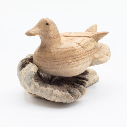 Hand-Carved Duck on Parasite Wood Base Decor Sculpture