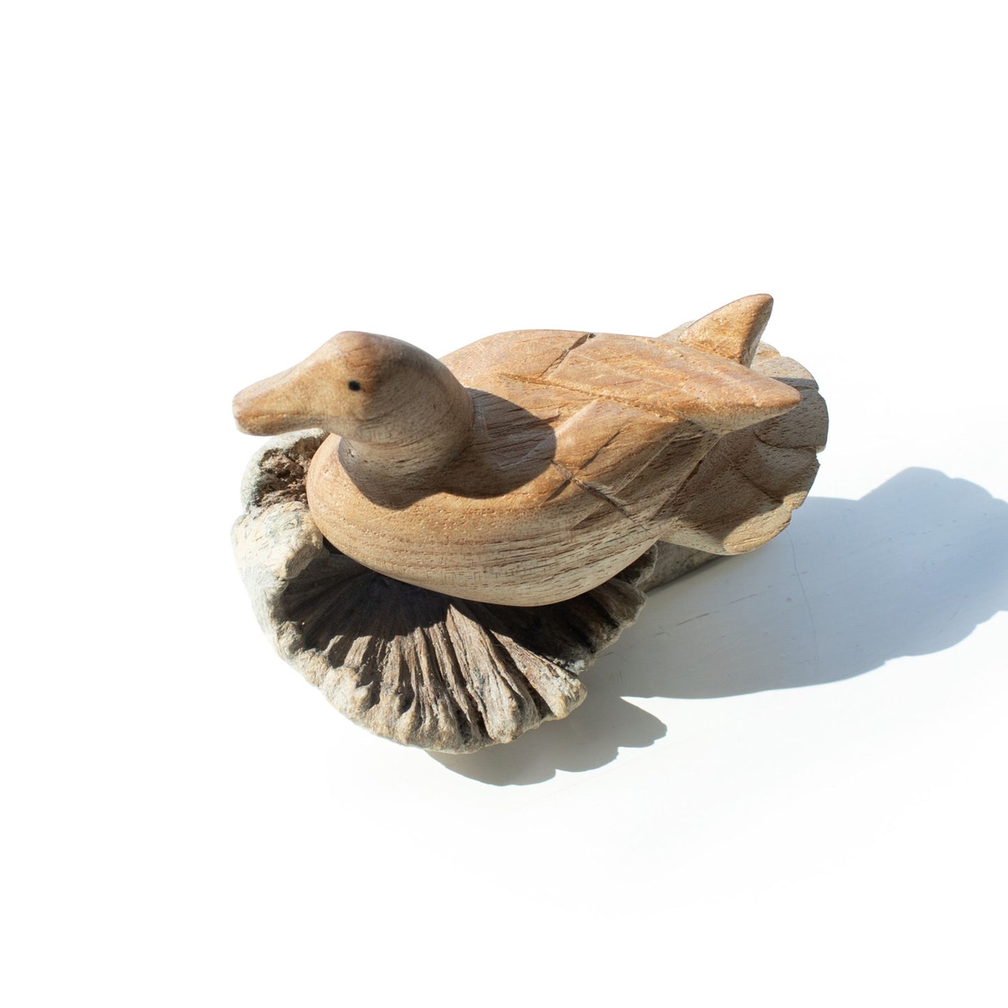 Hand-Carved Duck on Parasite Wood Base Decor Sculpture
