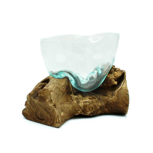 Molten Glass Misshapen Bowl on Natural Wood Base