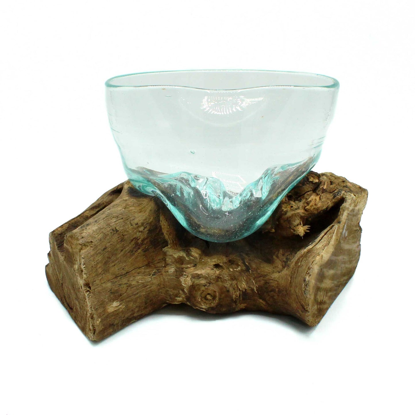 Molten Glass Misshapen Bowl on Natural Wood Base