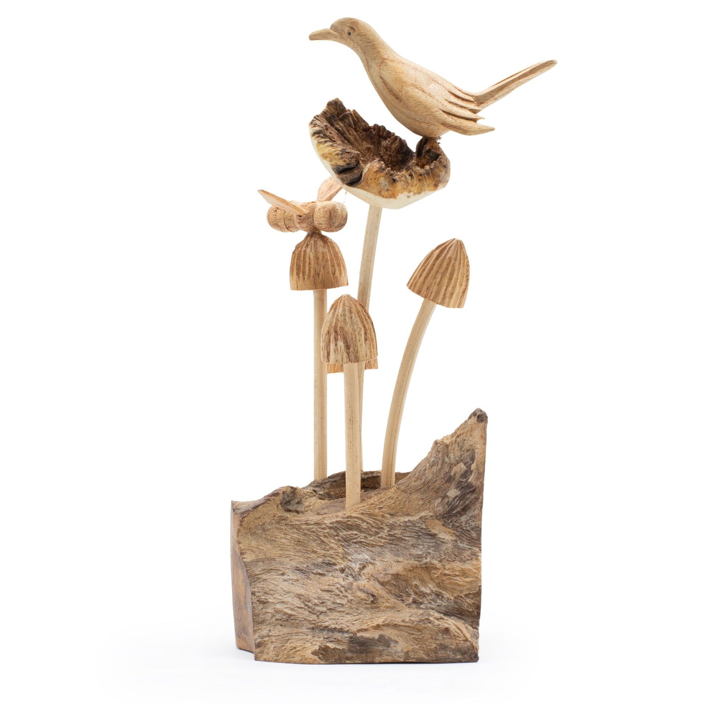 Handmade Parasite Wood Carving Bird, Bee & Mushrooms