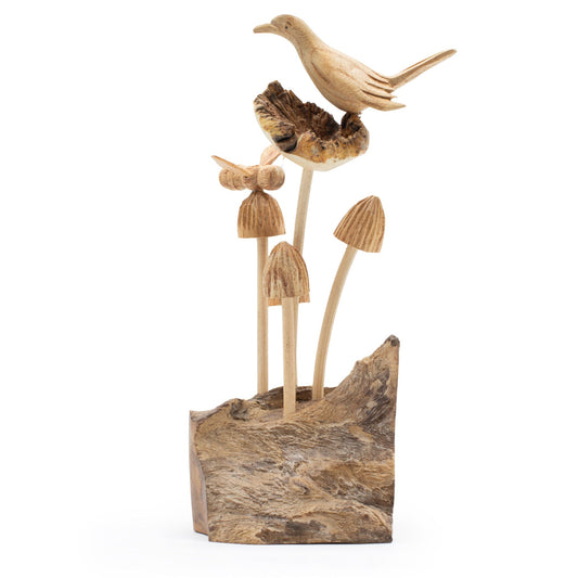 Handmade Parasite Wood Carving Bird, Bee & Mushrooms