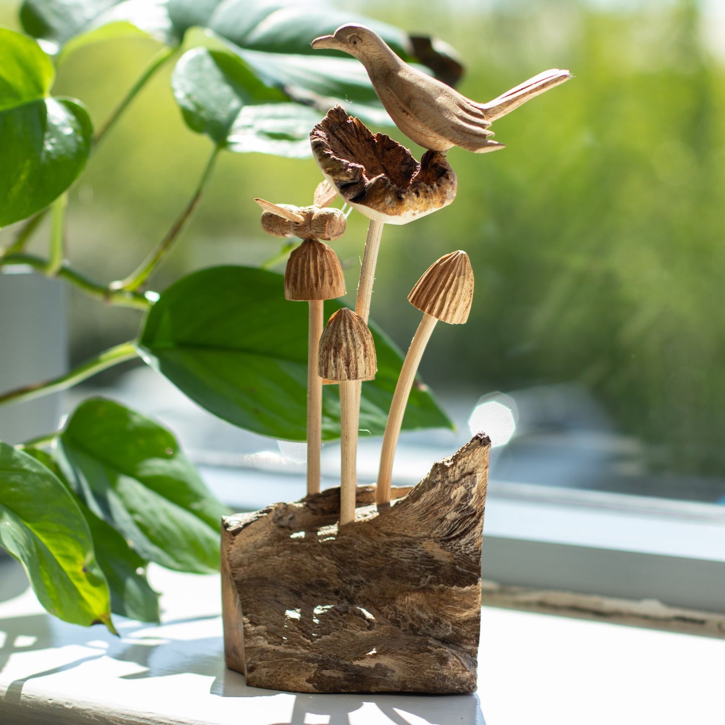 Handmade Parasite Wood Carving Bird, Bee & Mushrooms