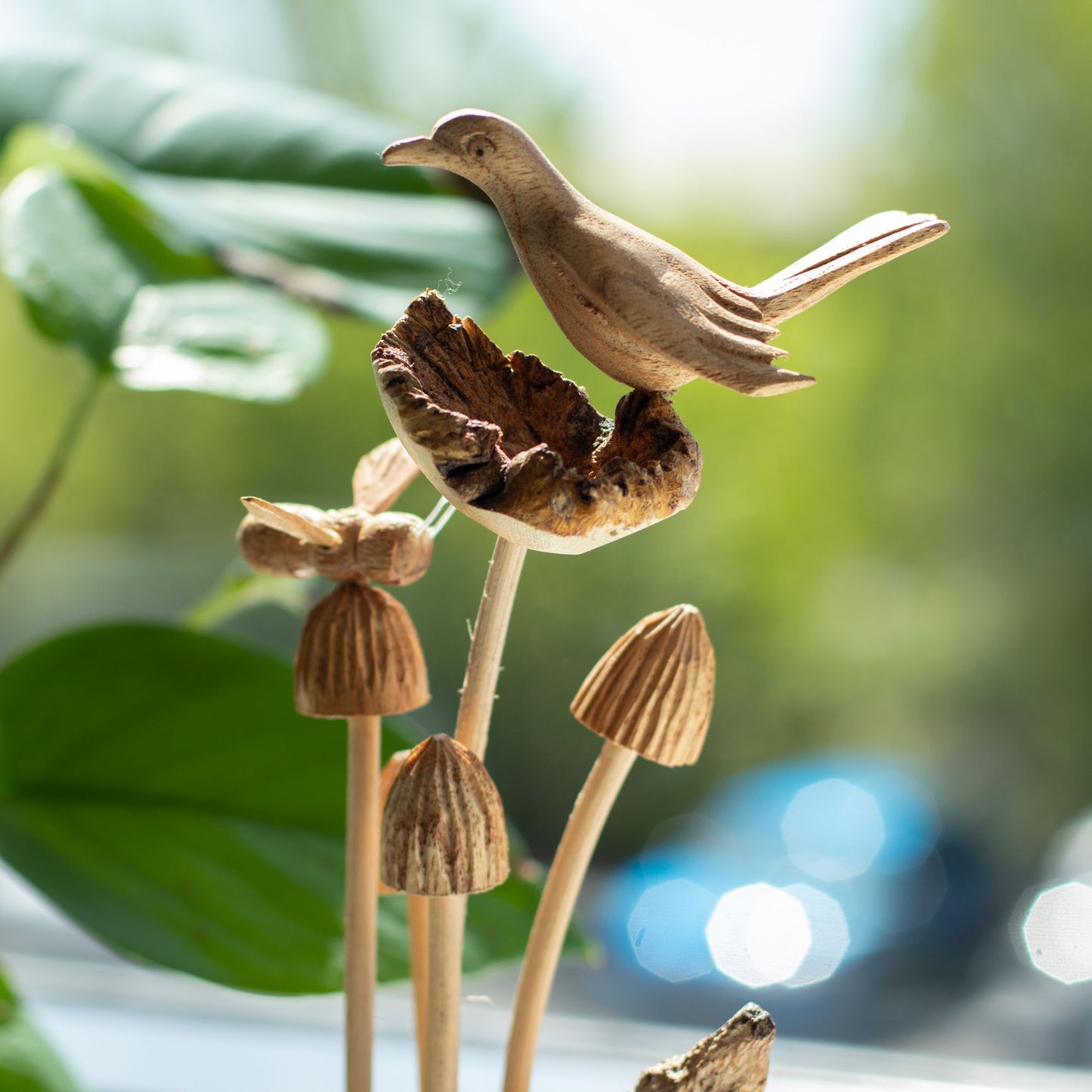 Handmade Parasite Wood Carving Bird, Bee & Mushrooms