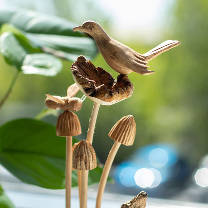 Handmade Parasite Wood Carving Bird, Bee & Mushrooms