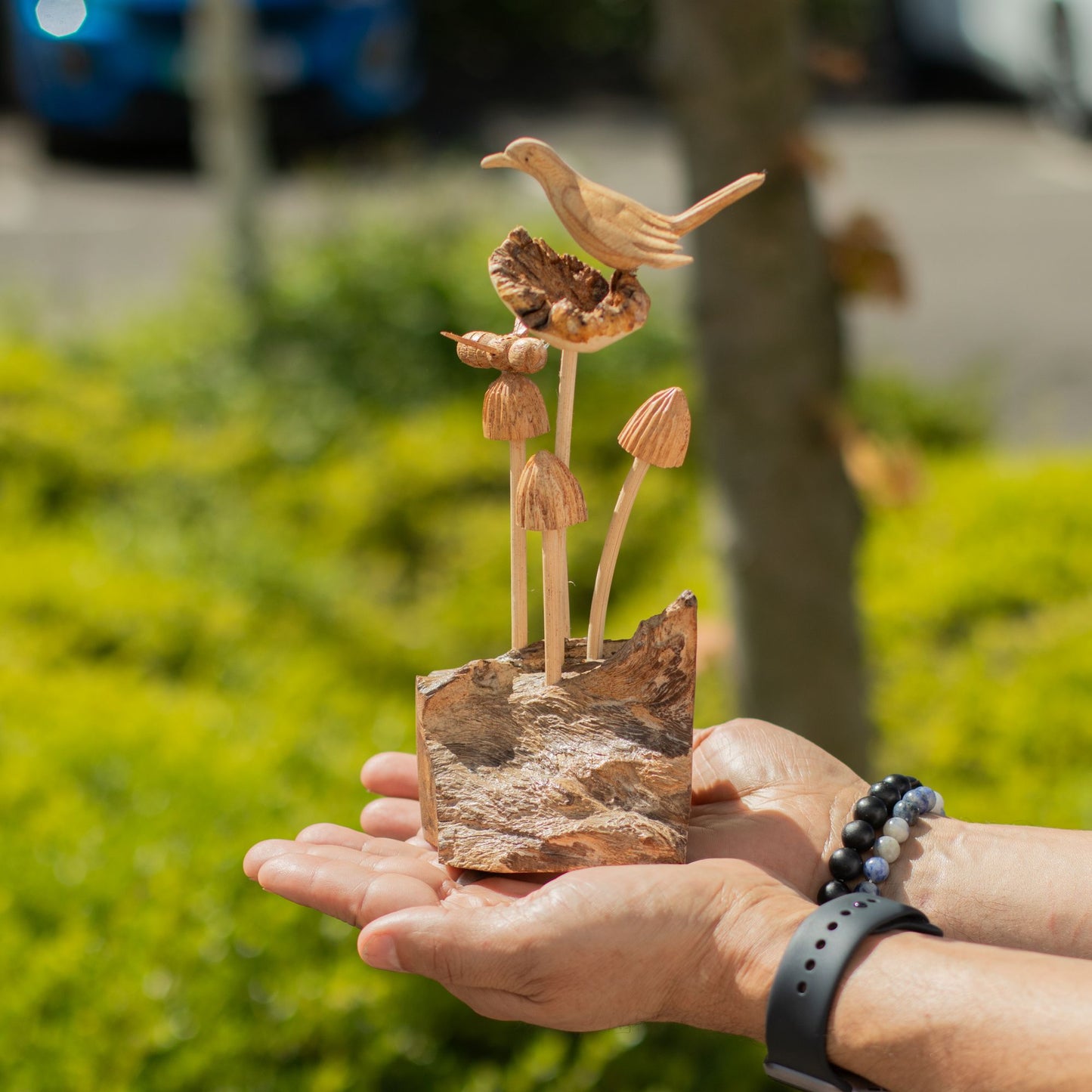 Handmade Parasite Wood Carving Bird, Bee & Mushrooms