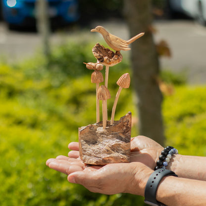 Handmade Parasite Wood Carving Bird, Bee & Mushrooms
